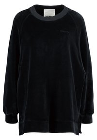 Felpa nera in pile con collo a giro, maniche raglan e dettagli con fessura laterale. Presenta un logo discreto sul davanti per il branding.