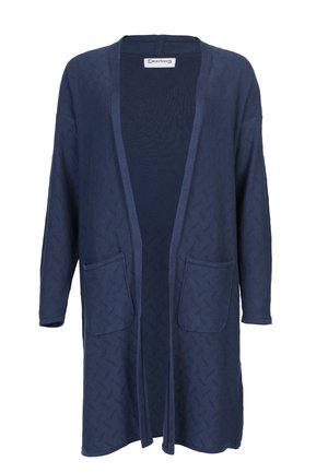 Navy blue cardigan made of textured knit material, featuring long sleeves, an open front, and two front pockets.