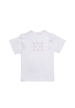 Maglietta bianca a maniche corte per ragazze con dettagli a volant sulle spalle e un logo ricamato pastello al centro del petto.