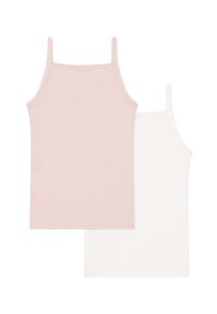 Δύο φανελάκια χωρίς μανίκια: ένα ροζ με λεπτές λευκές ρίγες, το άλλο καθαρό λευκό. Και τα δύο είναι φτιαγμένα από απαλό ύφασμα με λεία υφή.