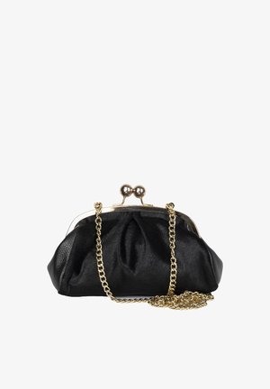 Mała czarna torebka wieczorowa z aksamitu z złotą metalową ramką, zapięciem na kulkę oraz złotym łańcuszkiem, zwiniętym na przodzie.