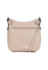 Borsa a spalla in pelle beige con parte superiore curva, tracolla regolabile e tasca anteriore con zip. Texture liscia con dettagli di cucitura sottili.