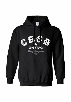Zwarte hoodie van zacht materiaal met opvallende witte tekst: "CBGB & OMFUG" en aanvullende tekst "Thuis van Underground Rock."