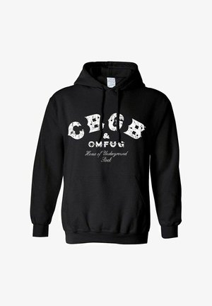 Zwarte hoodie van zacht materiaal met opvallende witte tekst: "CBGB & OMFUG" en aanvullende tekst "Thuis van Underground Rock."