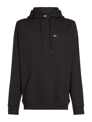 Black hooded sweatshirt with front kangaroo pocket, drawstrings, ribbed cuffs, and small Tommy Hilfiger logo on chest.