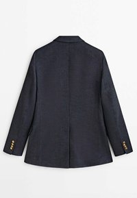 Blazer bleu marine foncé vu de dos avec des manches longues et trois boutons dorés visibles sur chaque poignet.