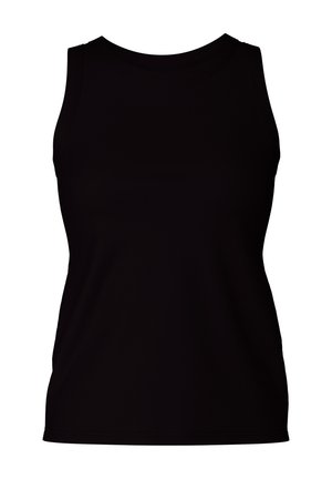 Débardeur noir sans manches avec un col rond, fabriqué en tissu lisse et présentant une coupe ajustée. AUCUN motif ou ornement visible.