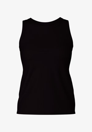 Zwarte mouwloze tanktop met een ronde halslijn, gemaakt van gladde stof en met een aansluitende pasvorm. Geen zichtbare patronen of versieringen.