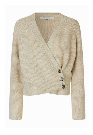 Wrap-tüüpi beež kudum, millel on tekstureeritud soonikmuster, esiküljel kolm dekoratiivset nuppu ja pikad varrukad.