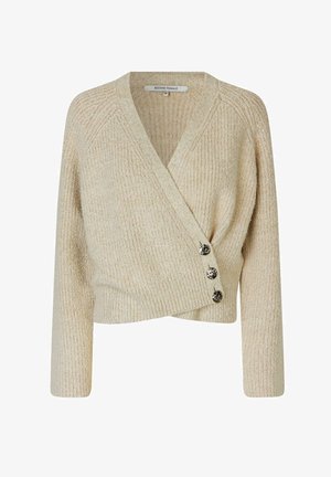 Wrap-tüüpi beež kudum, millel on tekstureeritud soonikmuster, esiküljel kolm dekoratiivset nuppu ja pikad varrukad.