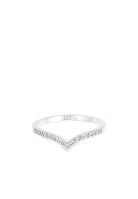 Sterling silver V-formad ring med en rad av klara ädelstenar längs den övre kanten. Graverad "925" på den inre bandet. Polerad yta.