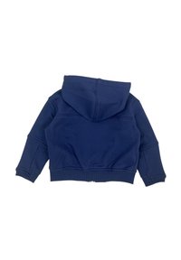 Cropped hoodie blu navy realizzato in morbido tessuto, dotato di un ampio cappuccio, maniche lunghe, polsini a coste e una sottile cucitura decorativa sul retro.