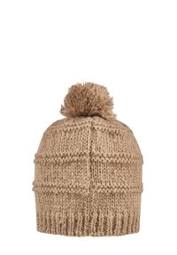 Beige knit hat featuring a textured grid pattern, ribbed edge, and topped with a fluffy pom-pom for added detail.