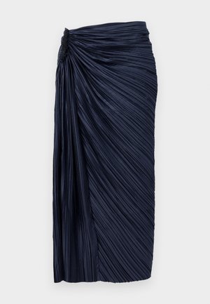 Navy pleated midi skirt with gathered texture at the waist, featuring vertical folds and a smooth finish, designed in a fitted silhouette.