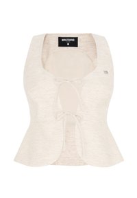 Helles beigefarbenes, kurzes Oberteil aus weichem Stoff, mit rundem Ausschnitt, Bindeschnürung vorne und einem peplum Saum.
