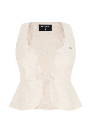 Top corto beige chiaro realizzato in tessuto morbido, con scollatura a barchetta, chiusura con lacci davanti e orlo peplum.