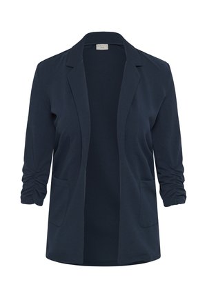 Marineblauer Blazer mit offenem Vorderteil, gerafften Ärmeln, zwei Vordertaschen, Kragen und tailliertem Schnitt.