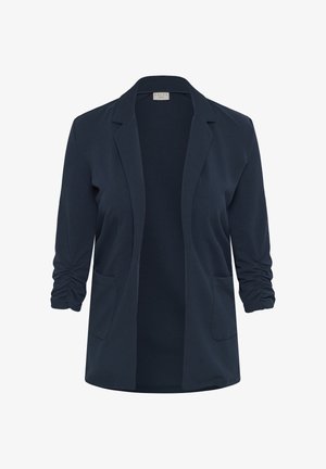Marineblauer Blazer mit offenem Vorderteil, gerafften Ärmeln, zwei Vordertaschen, Kragen und tailliertem Schnitt.