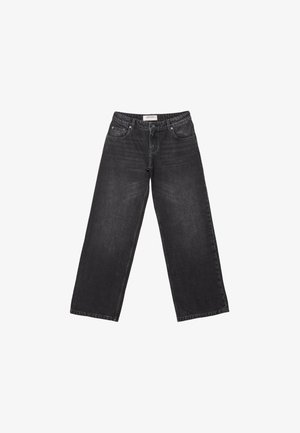 Schwarze Jeans mit weitem Bein aus dunklem Denim, fünf Taschen-Design und einem Etikett am Bund. Glatte Textur mit dezentem Verblassen.