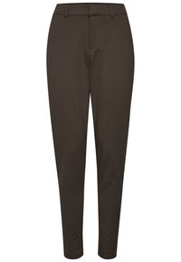 Bruna lätta byxor med slim fit, med platt framdel, bälteningar och utan synliga mönster eller utsmyckningar.