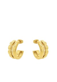Orecchini a cerchio in oro con superficie texture che presenta un motivo di perline spesse su un lato e una finitura liscia sull'altro.