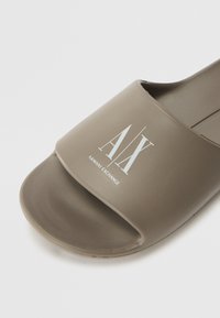 Brown plastic slide sandal with a wide strap featuring a white logo and brand name; textured sole for grip and comfort.