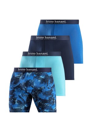 Four pairs of men's boxer briefs in blue shades, one with a black palm leaf pattern, all with branded waistbands.