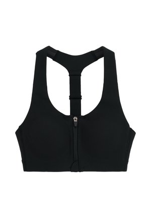 Sort sports-bh med lynlås foran og racerback-design med central vertikal rem for ekstra støtte.