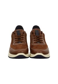 Paar brauner Leder- und Wildledersneaker mit dunklen Schnürsenkeln und cremefarbenen Sohlen, von vorne gegen einen weißen Hintergrund betrachtet.