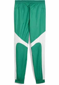 Zaļi un balti sporta bikses ar saplacinātu dizainu, elastīgu jostu un kontrastējošām sānu paneļiem ar izliekumiem.
