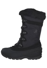 Botte d'hiver noire imperméable avec une tige en nylon matelassé, un revers en fausse fourrure et une semelle en caoutchouc robuste avec des éléments de laçage.