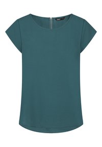 Haut court à manches courtes turquoise avec un col rond et une fermeture éclair au dos. Tissu lisse avec un ourlet légèrement arrondi.