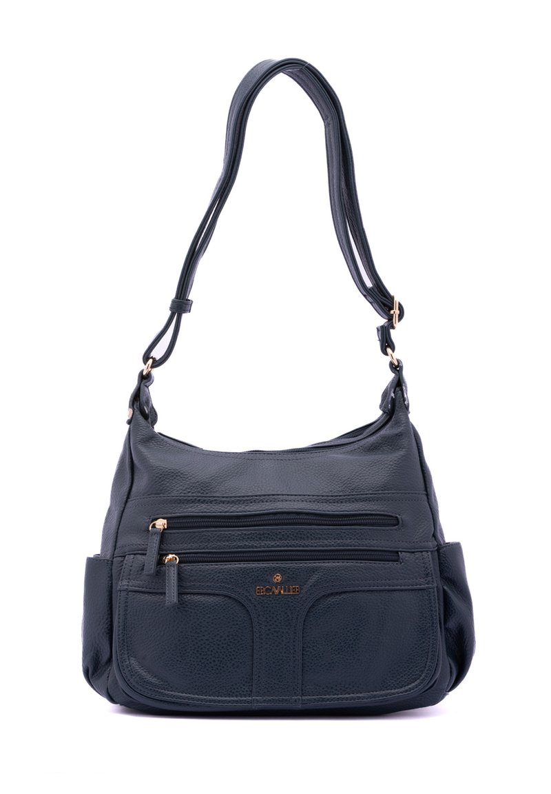 Borsa a spalla in pelle grigia scura con superficie texturizzata, scomparti con zip e dettagli in metallo dorato. Include una tracolla regolabile.