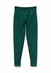 Gröna leggings med en hög, bred midjeband, tillverkade av ett mjukt, elastiskt material. Inga synliga mönster eller detaljer, slät textur genomgående.