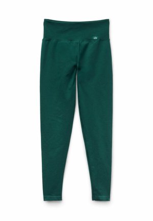 Gröna leggings med en hög, bred midjeband, tillverkade av ett mjukt, elastiskt material. Inga synliga mönster eller detaljer, slät textur genomgående.