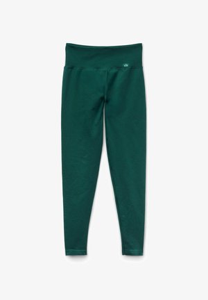 Green leggings with a high, wide waistband, made of a soft, stretchy material. No visible patterns or accents, smooth texture throughout.