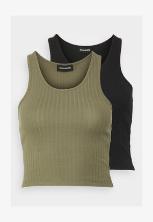 Dos tops cortos sin mangas de canalé en verde oliva y negro. Están hechos de una tela suave, con un cuello redondo y una forma ajustada.