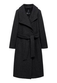 Long manteau en laine gris foncé avec de larges revers, fermeture à un bouton, ceinture assortie en tissu et poches latérales.
