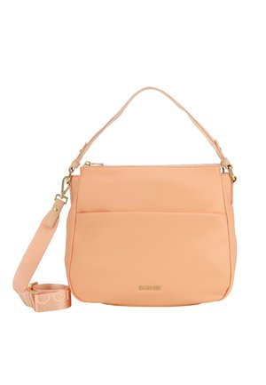 Pfirsichfarbige Handtasche mit glatter, matter Oberfläche. Verfügt über ein Hauptreißverschlussfach, zwei Vordertaschen und einen verstellbaren Schultergurt.