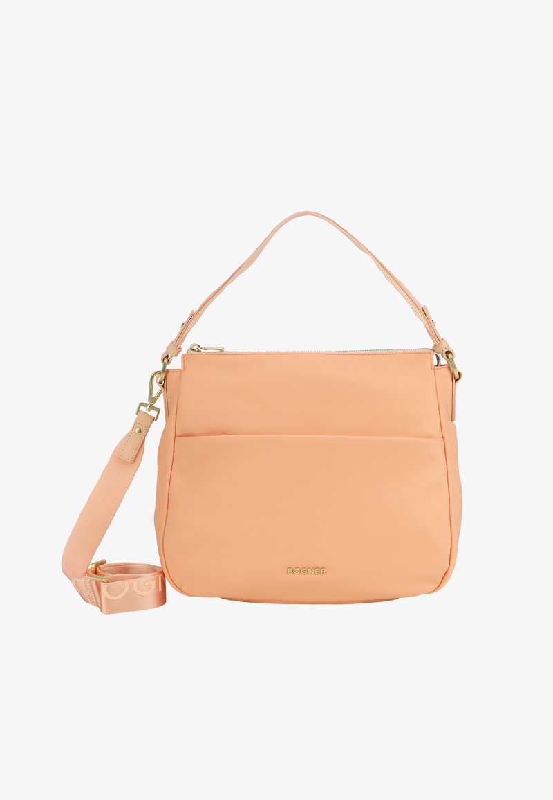 Sac à main de couleur pêche avec une finition lisse et mate. Dispose d'un compartiment principal zippé, de deux poches avant et d'une bandoulière réglable.