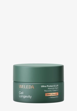 Pot vert de crème de nuit Weleda Cell Longevity Ultra Protect & Lift Absolute Night Recovery avec activateur NAD+ et astaxanthine, texte sur l'étiquette.