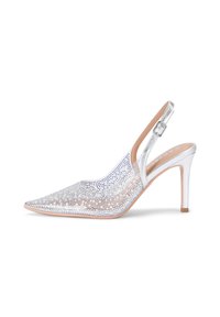 Scarpa con tacco alto slingback argento con punta affusolata, tomaia in rete con dettagli in strass e tacco metallico con suola trasparente.
