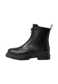 Black leather ankle boot with a side zipper, round toe, textured rubber sole, flat heel, and decorative stitching on the upper.