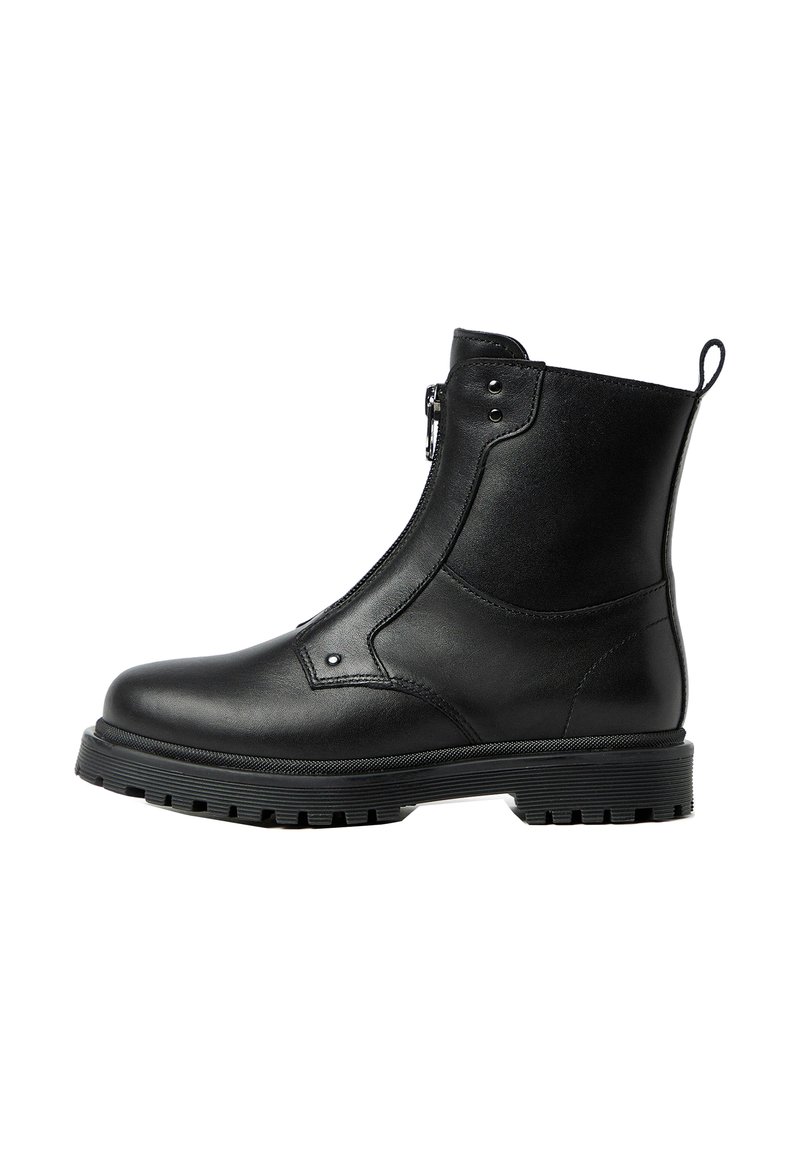 Black leather ankle boot with a side zipper, round toe, textured rubber sole, flat heel, and decorative stitching on the upper.