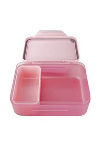 Pink plastic lunch box with a dividers, hinged lid, and smooth texture. Features a subtle logo embossed on the inner lid.