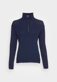 Pull en maille côtelée marine avec col zippé haut et manches longues, doté d'une tirette argentée en forme d'anneau et d'un ourlet ajusté.