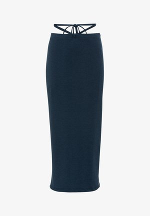 Marineblauwe geribbelde gebreide midi-rok met een aansluitende silhouet en verstelbare strikbandjes in de taille. Soepele textuur en enkel-lange ontwerp.