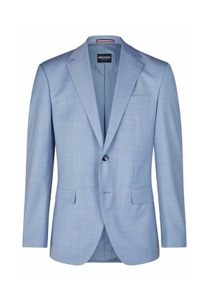 Jasnoniebieska, jednorzędowa marynarka męska z klapami z wycięciem, dwoma przednimi kieszeniami z patkami, jedną kieszenią na piersi i zapięciem na jeden guzik.