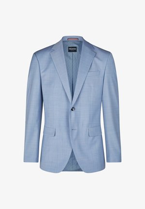 Jasnoniebieska, jednorzędowa marynarka męska z klapami z wycięciem, dwoma przednimi kieszeniami z patkami, jedną kieszenią na piersi i zapięciem na jeden guzik.