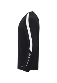 Chemise noire à manches longues avec une bande blanche sur l'épaule. Présente un tissu texturé et des boutons au niveau des poignets. Emblème sur la manche.